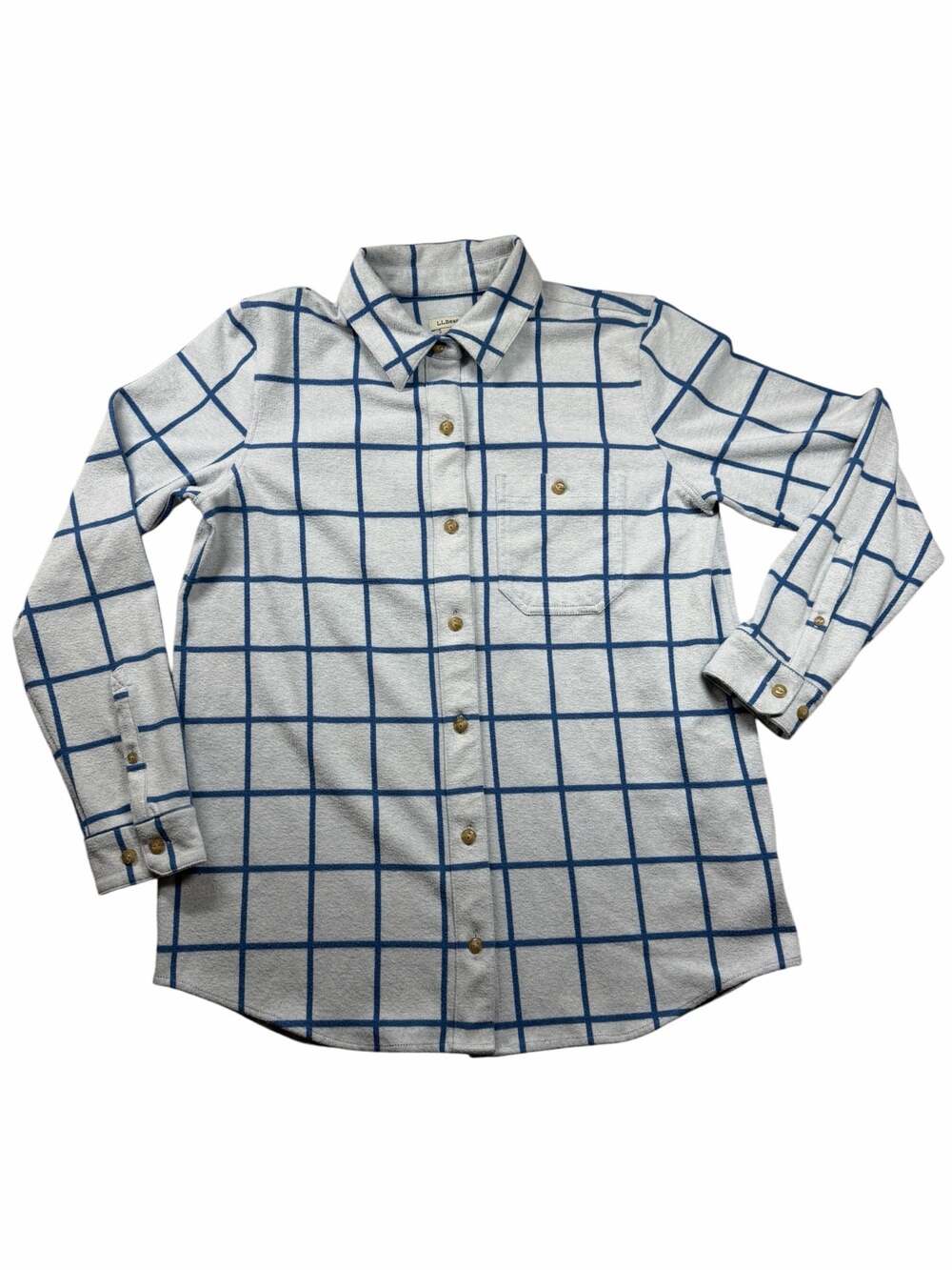 L.L.Bean Men’s Large Gray Blue Windowpane Plaid Button Front Stretch Shirt